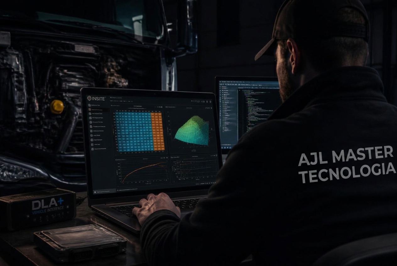 Técnico trabalhando no notebook com software de calibração de módulo diesel